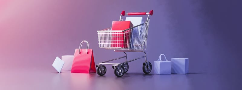 Ein Einkaufswagen steht mit Tüten vor einem lila Hintergrund