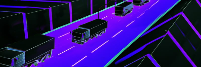 Mehrere LKWs fahren auf einer lila-blau gefärbten Straße