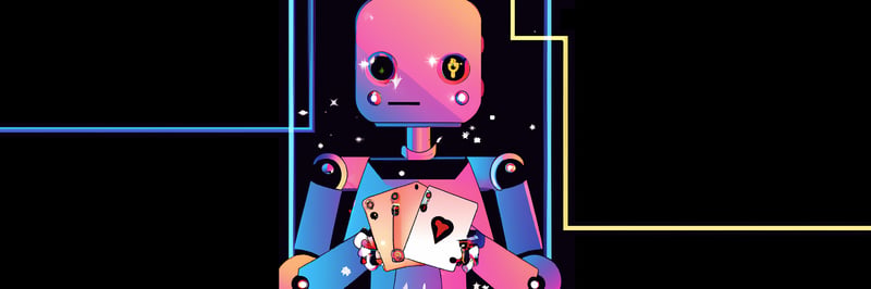 Ein Roboter mit Spielkarten in den Händen