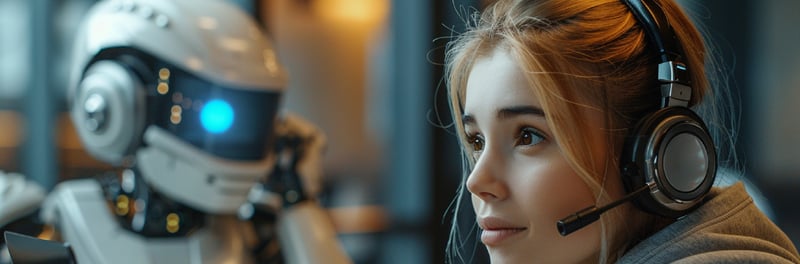 Eine Frau im Kundendienst und hinter ihr ein telefonierender Roboter