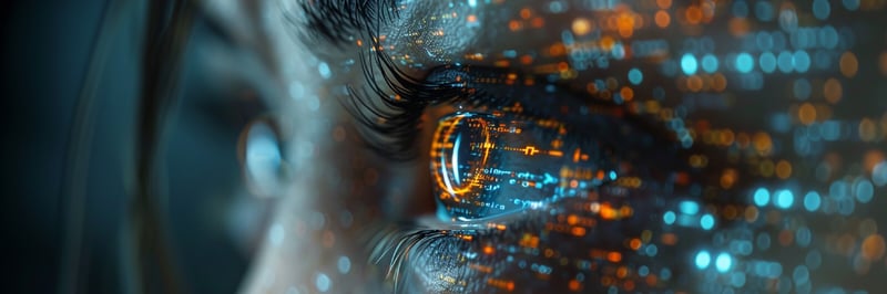 Augen seitlich vor denen sich digitale Projektionen spiegeln