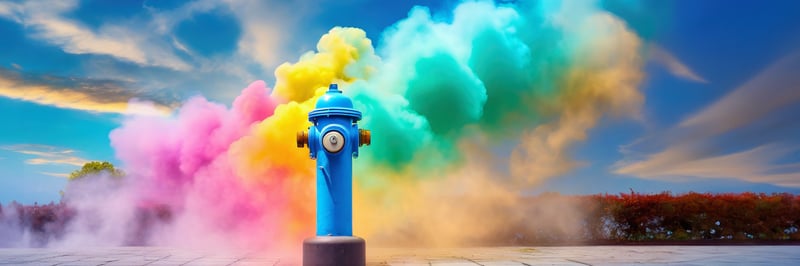 Ein blauer Hydrant steht vor bunten Rauchwolken