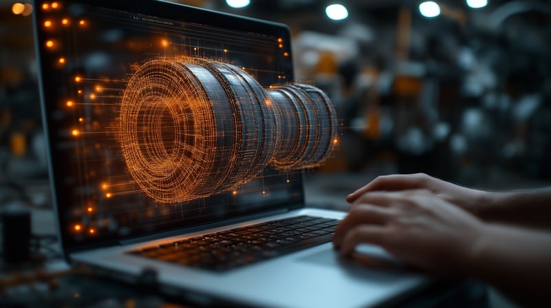 Vor einem aufgeklapptem Laptop erscheint ein dreidimensionales Ersatzteil