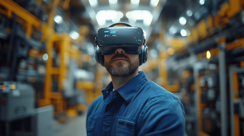 Ein Servicetechniker blickt durch eine VR-Brille