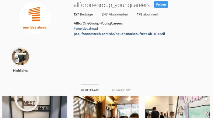Instagram-Kanal der „Young Careers“ bei der All for One Group