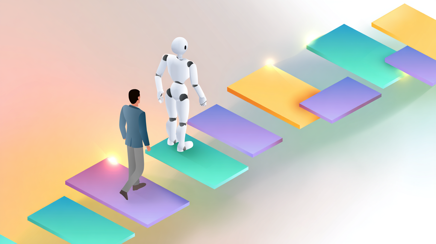 Roboter führt einen Menschen eine Treppe aus fliegenen Platten hinauf