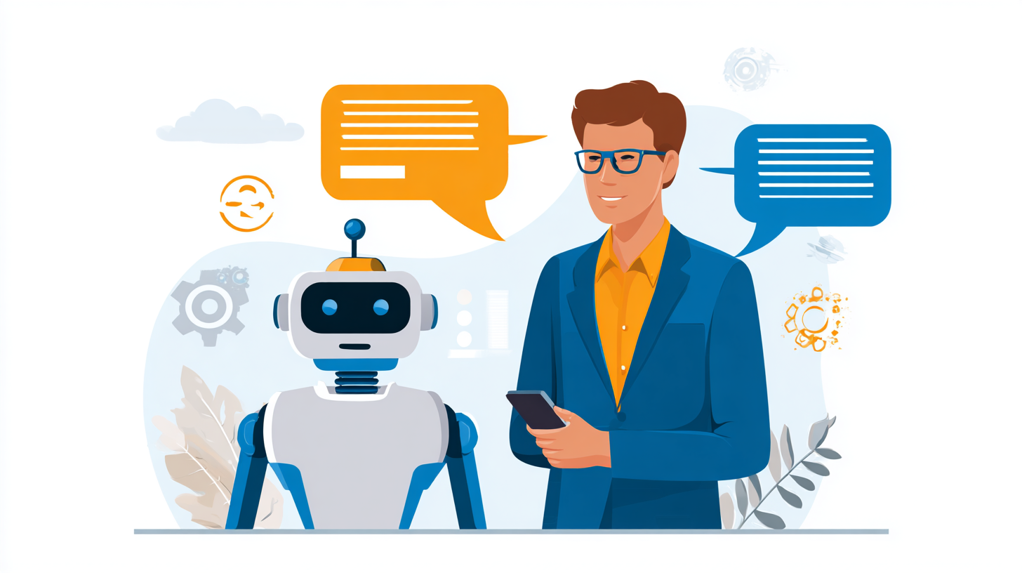 Roboter und Person mit Smartphone stellt Fragen