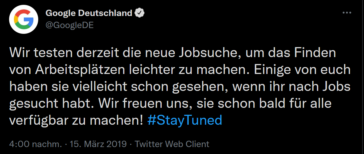 Twitter-Post zur Google4Jobs Ankündigung