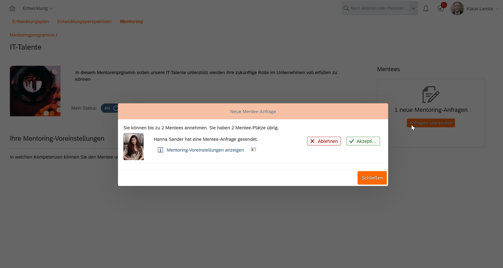 Screenshot SAP SuccessFactors - Anfrage durch Mentee