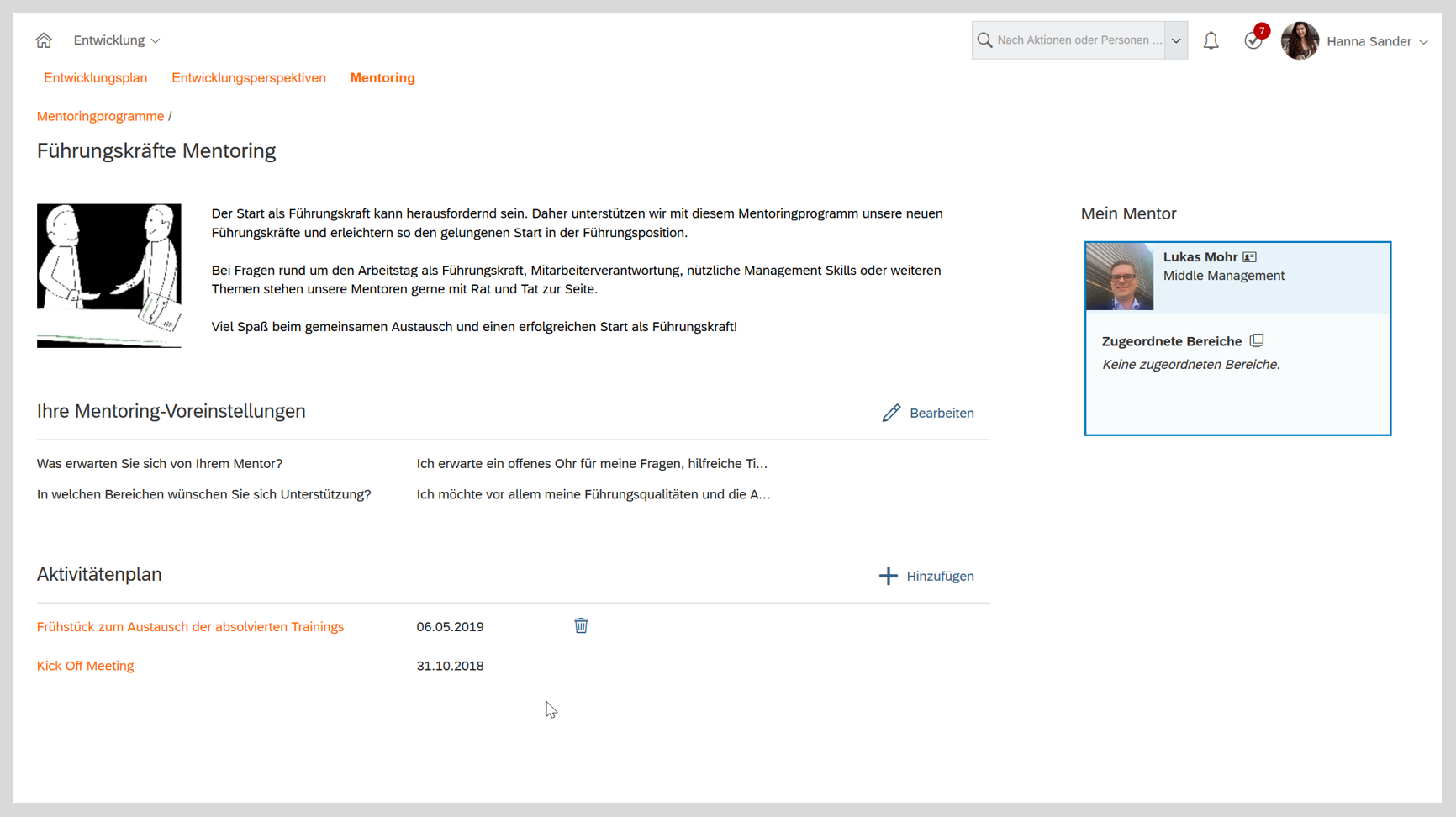 Screenshot SAP SuccessFactors - Sicht des Mentee